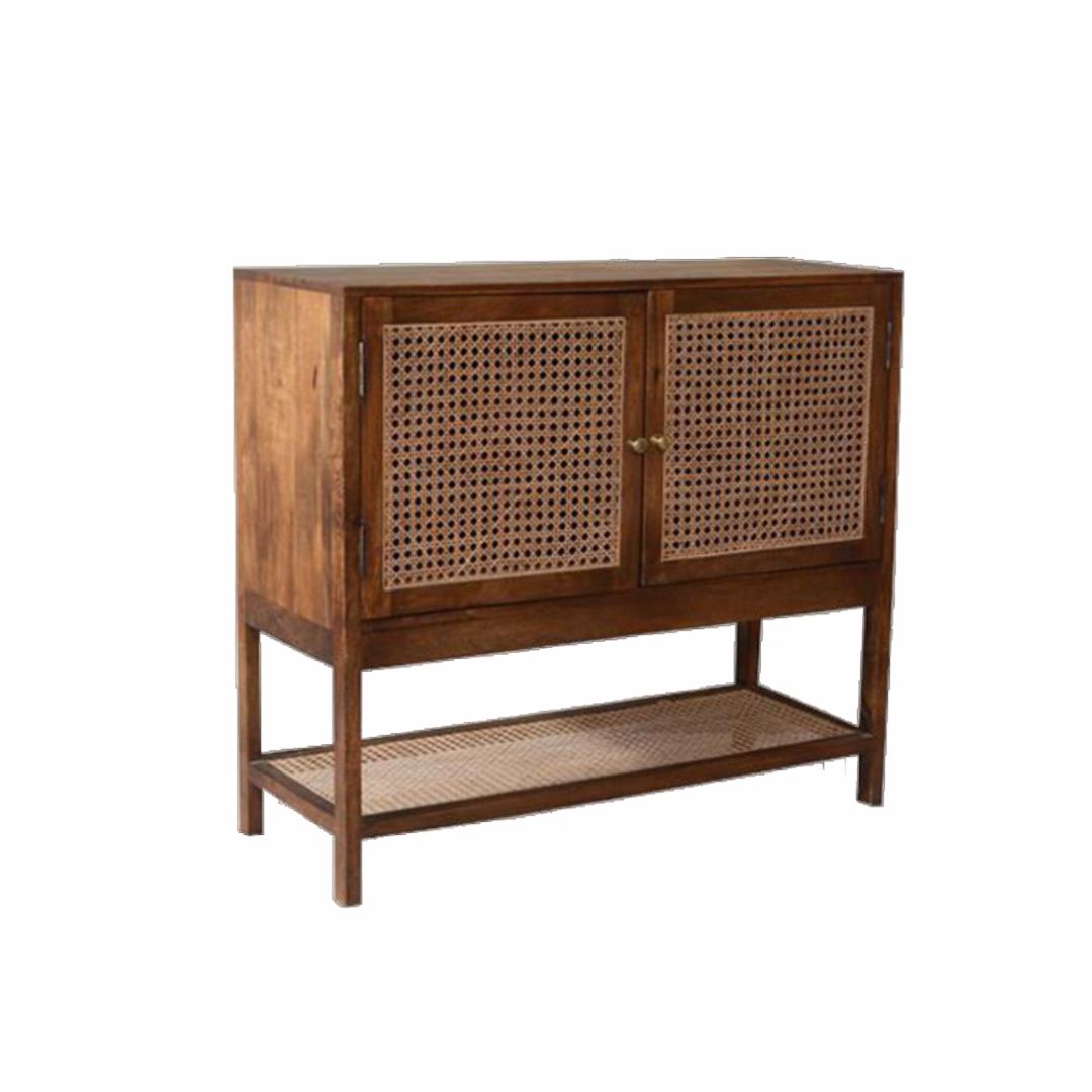 Walnut Finish Natural Cane Cabinet